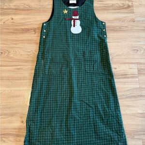 Green Plaid Sleeveless Dress with Snowman Applique
